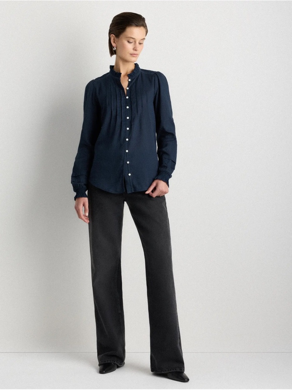 Quince Organic Textured Cotton Peasant Classic Navy Ruffle Sleeve‎ Blouse XL - Picture 2 of 14